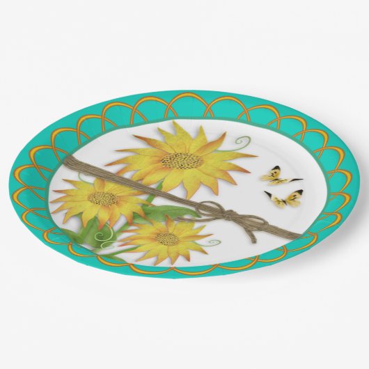 Zonnebloemen en vlinderbloemigen Gezogen rand Papieren Bordje (Gekanteld)