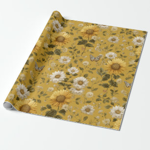 Zonnebloemen en vlinders op gele achtergrond 1 cadeaupapier