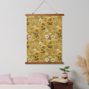 Zonnebloemen en vlinders op gele achtergrond 1 hangend wandkleed