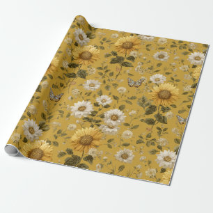 Zonnebloemen en Vlinders op Gele Achtergrond Cadeaupapier