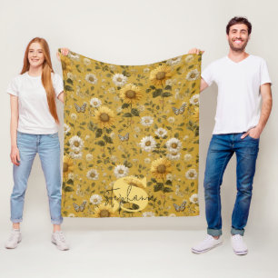 Zonnebloemen en Vlinders op Gele Achtergrond Fleece Deken