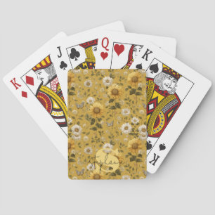 Zonnebloemen en Vlinders op Gele Achtergrond Pokerkaarten
