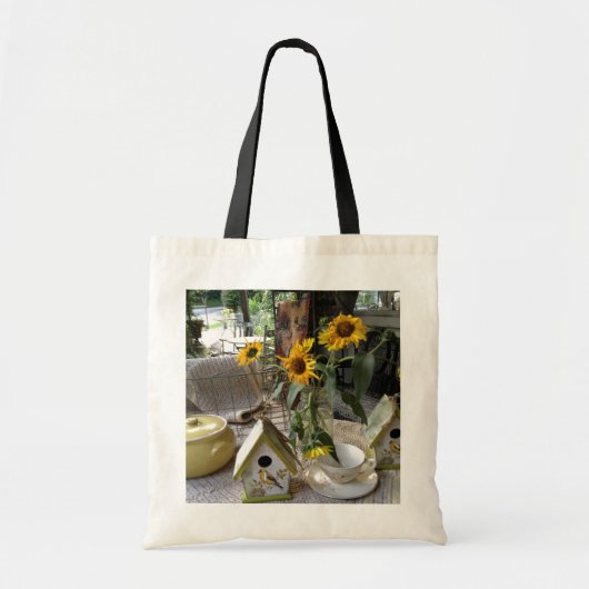 Zonnebloemen en vogelhuis Complete herfst display Tote Bag (Voorkant)