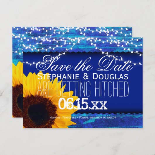 Zonnebloemen en vuurlicht blauw Sla de datum op Aankondigingskaart (Voorkant / Achterkant)