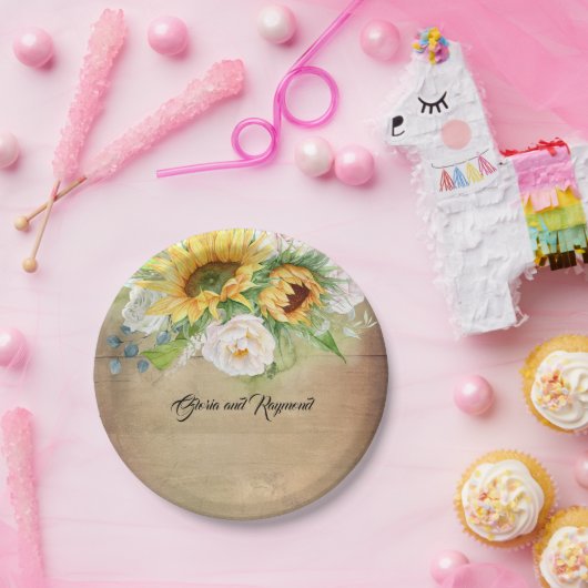 Zonnebloemen en witte rozen rustieke Herfst Papieren Bordje (Feest)