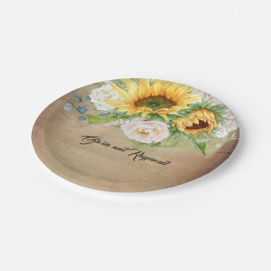 Zonnebloemen en witte rozen rustieke Herfst Papieren Bordje (Gekanteld)