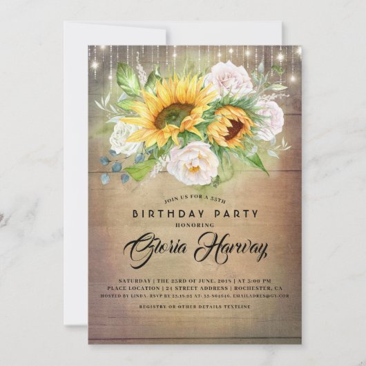 Zonnebloemen en witte rozen rustieke verjaardagsfe kaart (Voorkant)