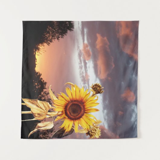 ZONNEBLOEMEN EN ZOMERZONSONDERGANG MET ROZE WOLKEN WANDKLEED (Voorkant (horizontaal))