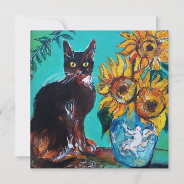 ZONNEBLOEMEN EN ZWARTE KAT IN BLAUW TEAL Zomerfees (Voorkant)