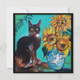 ZONNEBLOEMEN EN ZWARTE KAT IN BLAUW TEAL Zomerfees Kaart