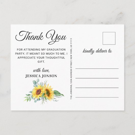 Zonnebloemen Eucalyptus 3 FOTO-Afstuderen Dank u w Aankondigingskaart (Achterkant)