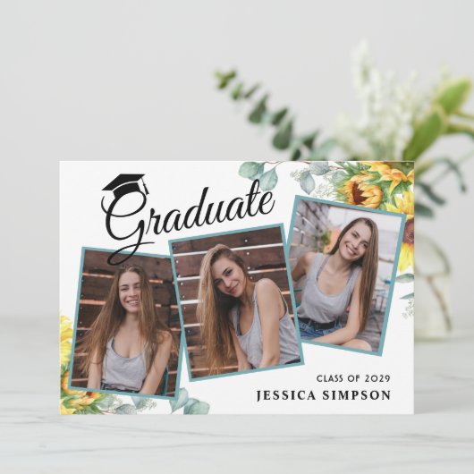 Zonnebloemen Eucalyptus 3 FOTO Graduation Party Kaart (Staand voorkant)