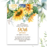 Zonnebloemen Eucalyptus 90th Birthday Briefkaart<br><div class="desc">Mooie gele zonnebloemen en groene bladeren,  uitnodiging voor vrouwen op de negentigste verjaardag. U kunt de tekst op deze kaart aanpassen voor een verjaardagsfeestje voor elke leeftijd die u viert.</div>
