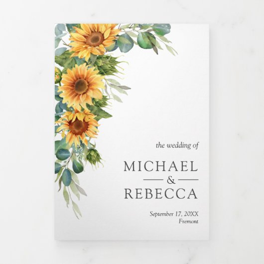 Zonnebloemen Eucalyptus All in One QR Code Weddens Drieluik Uitnodiging (Cover)