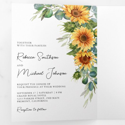 Zonnebloemen Eucalyptus All in One QR Code Weddens Drieluik Uitnodiging (Binnenzijde eerst)