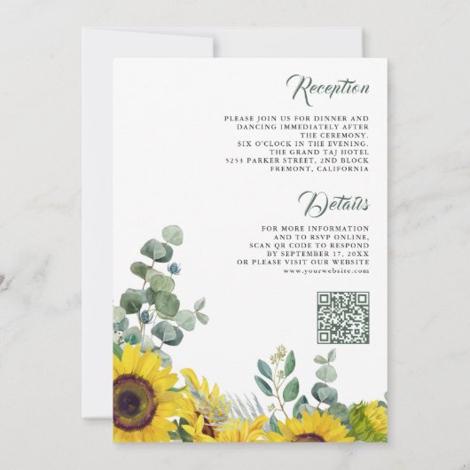 Zonnebloemen Eucalyptus All in One QR Code Weddens Kaart (Achterkant)