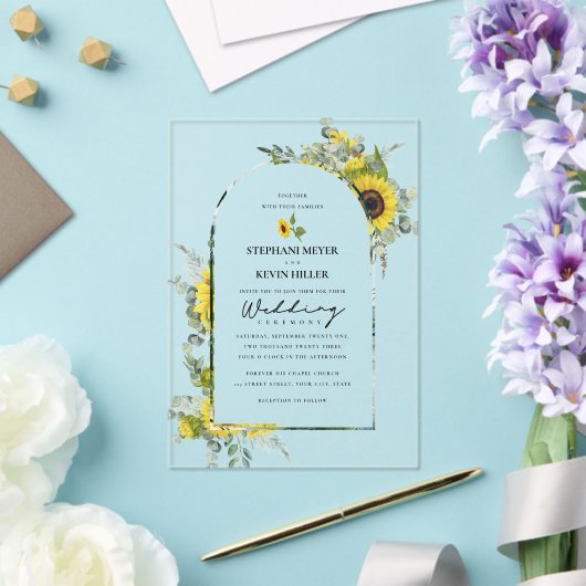 Zonnebloemen & Eucalyptus Arched Wedding Acryl Uitnodigingen (Insitu (Huwelijk))