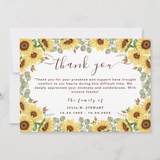 Zonnebloemen Eucalyptus Begrafenis Dank u Kaart (Voorkant)