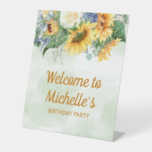 Zonnebloemen Eucalyptus Birthday Welkom Reclamebord Met Voetstuk (Voorkant)