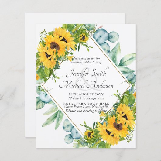 Zonnebloemen Eucalyptus Bloemen Bruiloft Uitnodigi (Voorkant / Achterkant)
