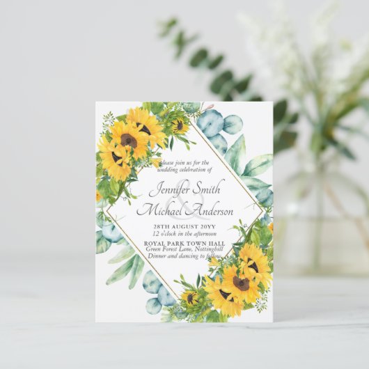 Zonnebloemen Eucalyptus Bloemen Bruiloft Uitnodigi (Staand voorkant)