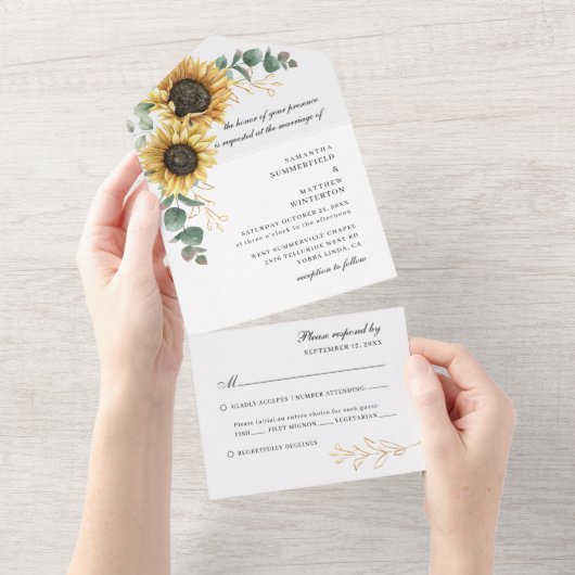 Zonnebloemen Eucalyptus Botanische bruiloft All In One Uitnodiging (Afscheurbaar)