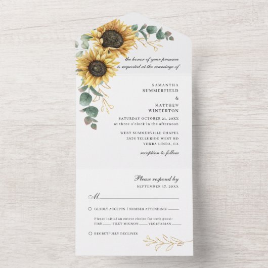 Zonnebloemen Eucalyptus Botanische bruiloft All In One Uitnodiging (Binnen)