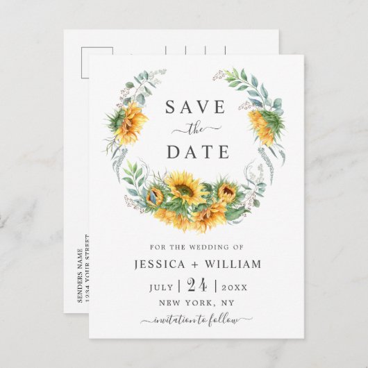 Zonnebloemen Eucalyptus Bruiloft Save the Date Aankondigingskaart (Voorkant / Achterkant)