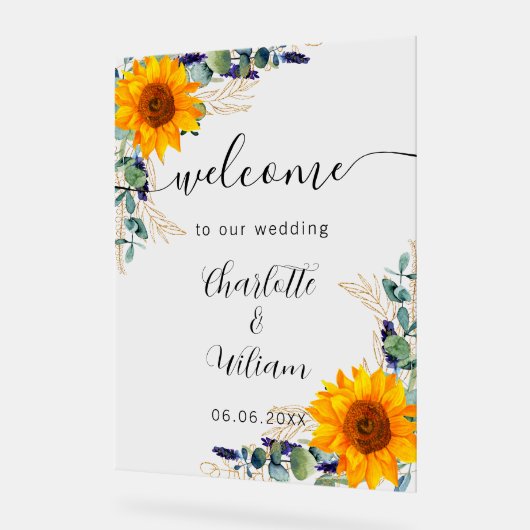 Zonnebloemen eucalyptus bruiloft welkom acryl bord (Hoek)