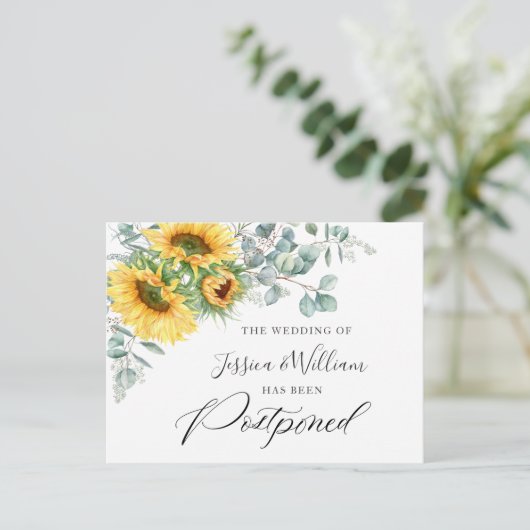 Zonnebloemen eucalyptus chique bruiloft uitgesteld briefkaart (Staand voorkant)