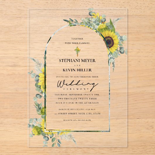 Zonnebloemen & Eucalyptus Cross Wedding Acryl Uitnodigingen (Voorkant)