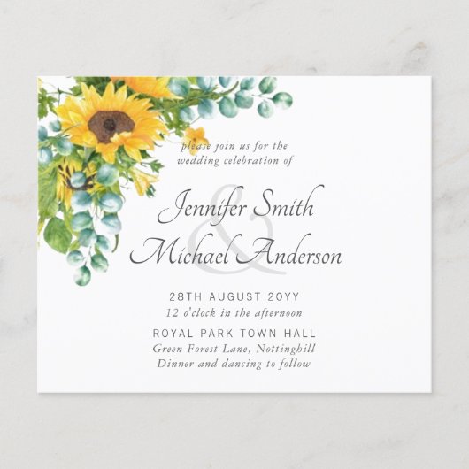 Zonnebloemen Eucalyptus Floral Leaf Wedding Invita (Voorkant)