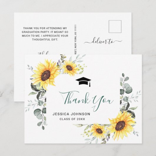 Zonnebloemen Eucalyptus FOTO Afstuderen Dank u wel Aankondigingskaart (Voorkant / Achterkant)