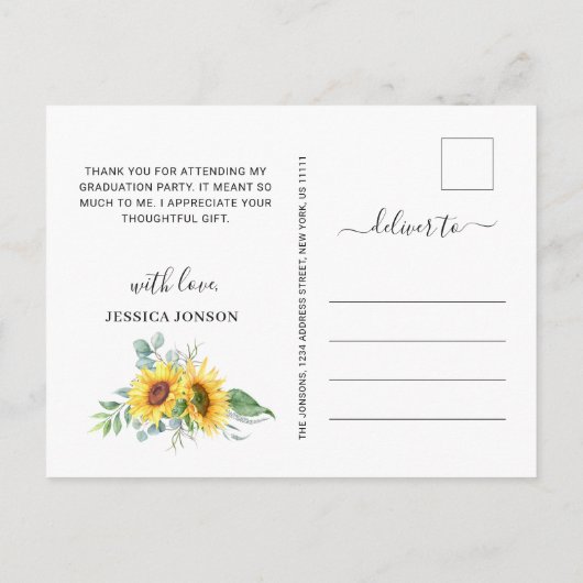 Zonnebloemen Eucalyptus FOTO Afstuderen Dank u wel Aankondigingskaart (Achterkant)