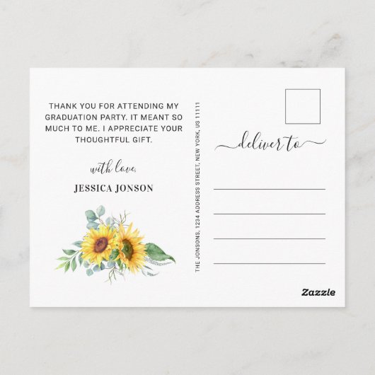 Zonnebloemen Eucalyptus FOTO Afstuderen Dank u wel Briefkaart (Achterkant)