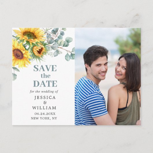 Zonnebloemen Eucalyptus FOTO Bruiloft Save the Dat Briefkaart (Voorkant)