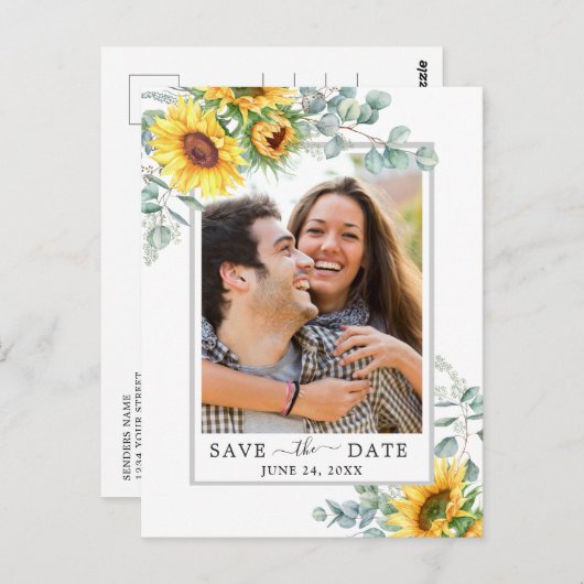 Zonnebloemen Eucalyptus FOTO Bruiloft Save the Dat Briefkaart (Voorkant / Achterkant)