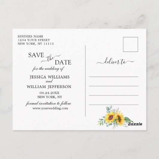 Zonnebloemen Eucalyptus FOTO Bruiloft Save the Dat Briefkaart (Achterkant)