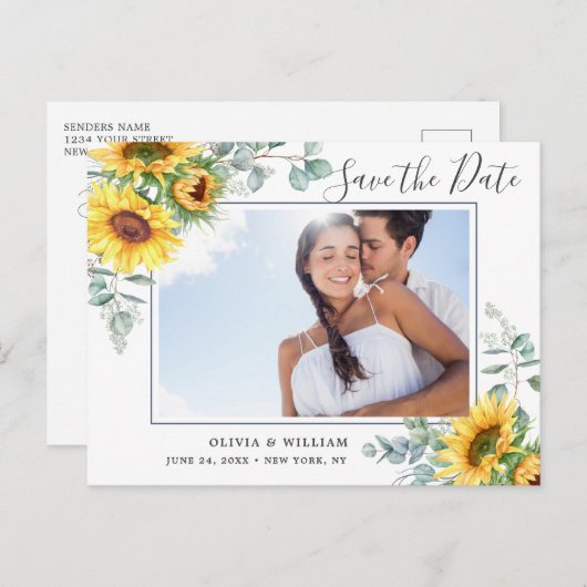 Zonnebloemen Eucalyptus FOTO Bruiloft Save the Dat Briefkaart (Voorkant / Achterkant)
