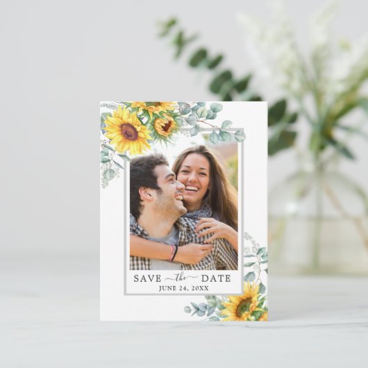 Zonnebloemen Eucalyptus FOTO Bruiloft Save the Dat Briefkaart (Staand voorkant)