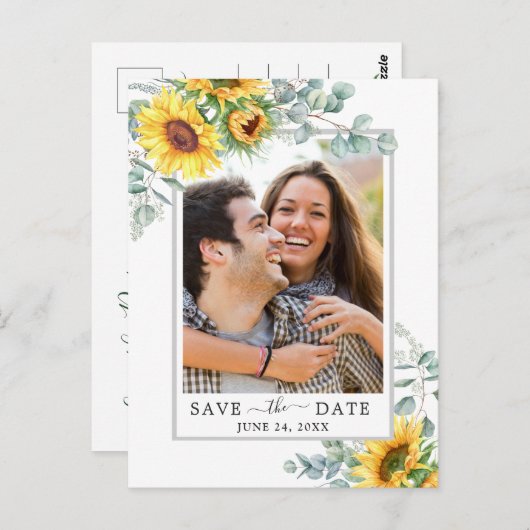 Zonnebloemen Eucalyptus FOTO Bruiloft Save the Dat Briefkaart (Voorkant / Achterkant)