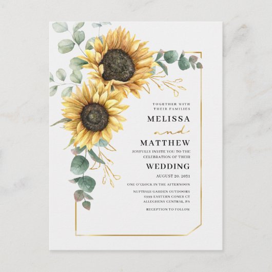 Zonnebloemen Eucalyptus Geometric Gold Lijst Uitnodiging Briefkaart (Voorkant)