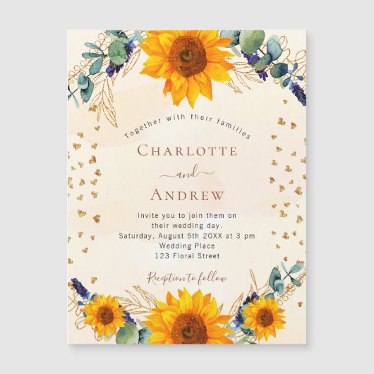 Zonnebloemen Eucalyptus gold harten luxe bruiloft Magnetische Uitnodiging (Voorkant)