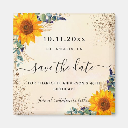Zonnebloemen eucalyptus goud verjaardag save the d magneet (Voorkant)