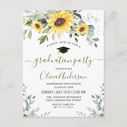 Zonnebloemen Eucalyptus Graduation Party Invitatio Briefkaart (Voorkant)