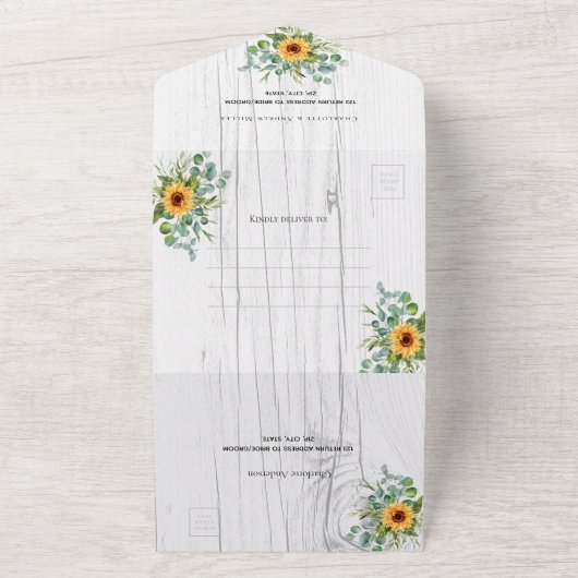 Zonnebloemen Eucalyptus greenery white wood bruilo All In One Uitnodiging (Buitenkant)
