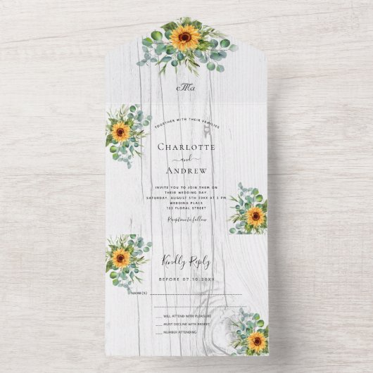 Zonnebloemen Eucalyptus greenery white wood bruilo All In One Uitnodiging (Binnen)