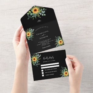 Zonnebloemen eucalyptus groen zwart bruiloft all in one uitnodiging