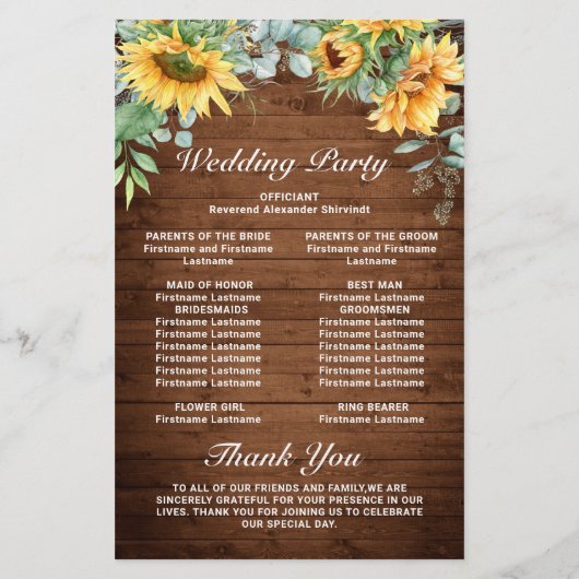 Zonnebloemen Eucalyptus Huwelijksceremonie Program (Achterkant)