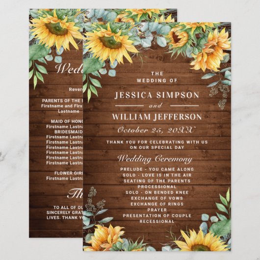 Zonnebloemen Eucalyptus Huwelijksceremonie Program (Voorkant / Achterkant)